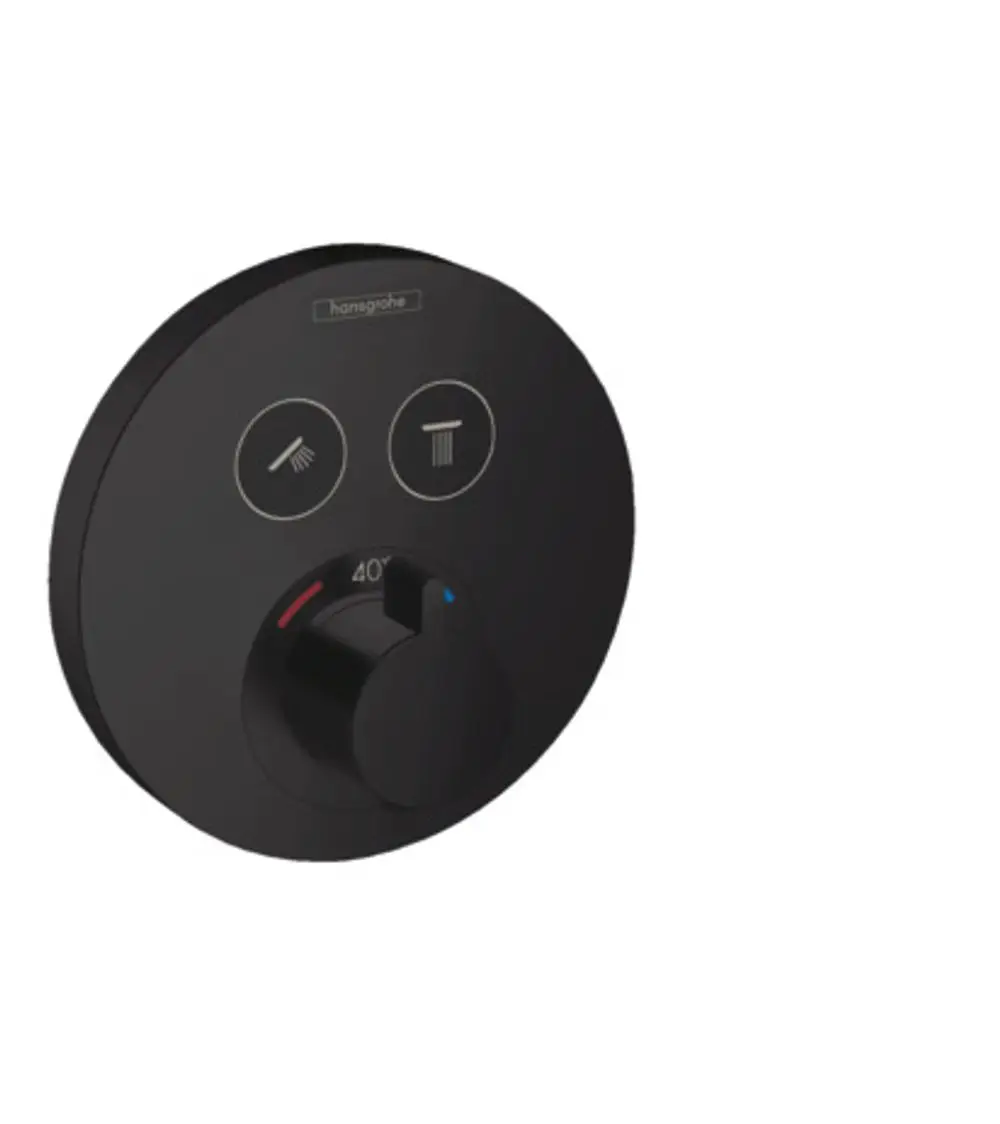 Schwarzes Thermostat von Hansgrohe mit zwei Bedienknöpfen und Temperaturanzeige, geeignet für die Steuerung von zwei Wasserverbrauchern.
